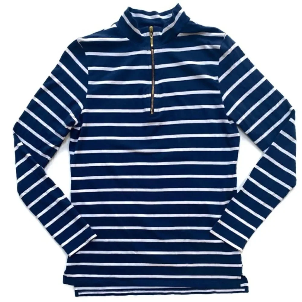 Cape Madras Anthro Quarter Zip Long Sleeve Preppy Pullover Navy White Stripes XS